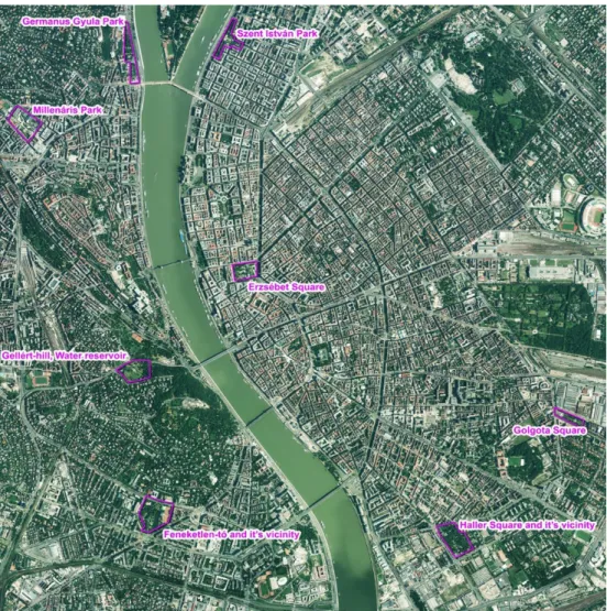 Figure 1. Location of analyzed and reference parks on the orthophoto of Budapest (2010) 
