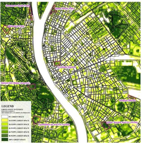 Figure 2. Intensity of green surface in Budapest (late spring-summer 2013) 