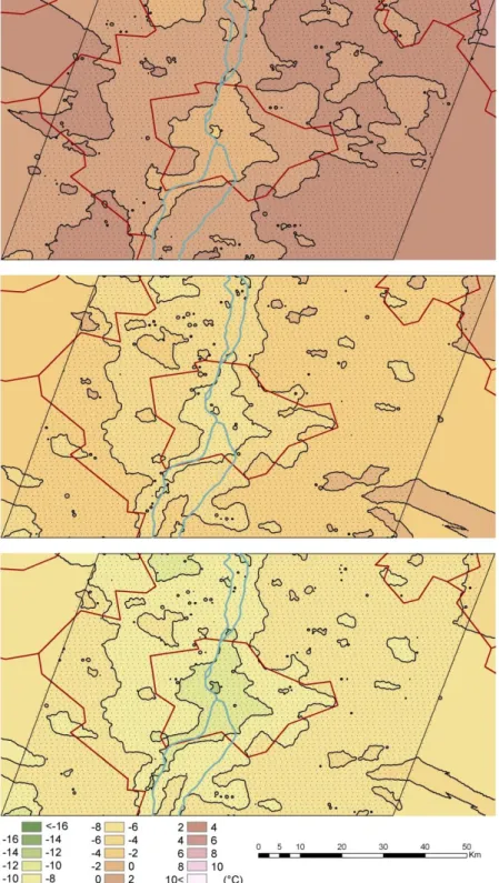 Figure 7. The average air temperature of the region which can be tolerated by Phlebotomus  perniciosus in a certain location with urban heat island (Method 1., upper image), with urban  heat island and the sheltering effect of the thermal bridges (Method 2