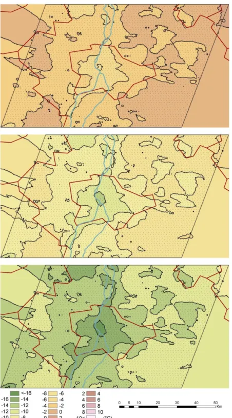 Figure 8. The average air temperature of the region which can be tolerated by Phlebotomus  mascittii, Phlebotomus neglectus, Phlebotomus papatasi and Phlebotomus perfiliewi in a  certain location with urban heat island (Method 1., upper image), with urban 