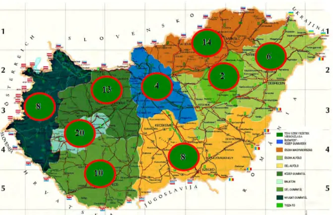 1. ábra A TDM szervezetek megoszlása az egyes turisztikai régiókban  (Forrás: Magyar TDM Szövetség) 