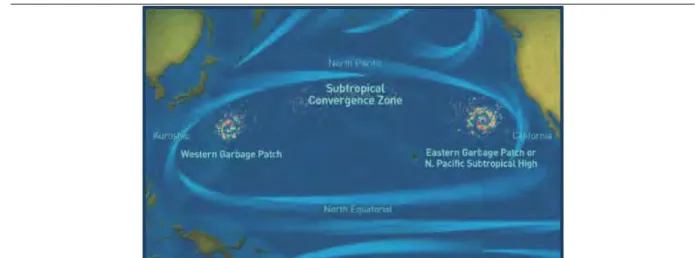 9. ábra.  Tengeri áramlások a Csendes-óceán északi térségében és a „hulladék foltok”: a szubtrópusi  konvergencia zónában a nyugati és a keleti „hulladék folt” (NOAA 2010) 