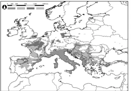 Fig. 11.  Model result of Aedes albopictus. Current distribution (middle gray),  modeled potential distribution in the reference period (light gray), modeled  potential distribution in the two future periods (2011-2040 – dark gray, 2041-2070 – 