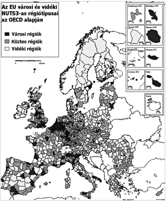 19. ábra: A városi térségek (sötétszürke színnel) az Európai Unióban   az OECD meghatározása szerint