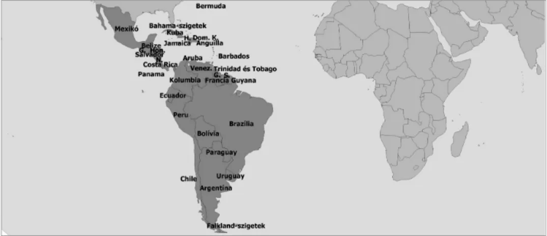 96. ábra: Latin-Amerika kultúrrégiójához tartozó országok Forrás: Varga Ágnes szerkesztése