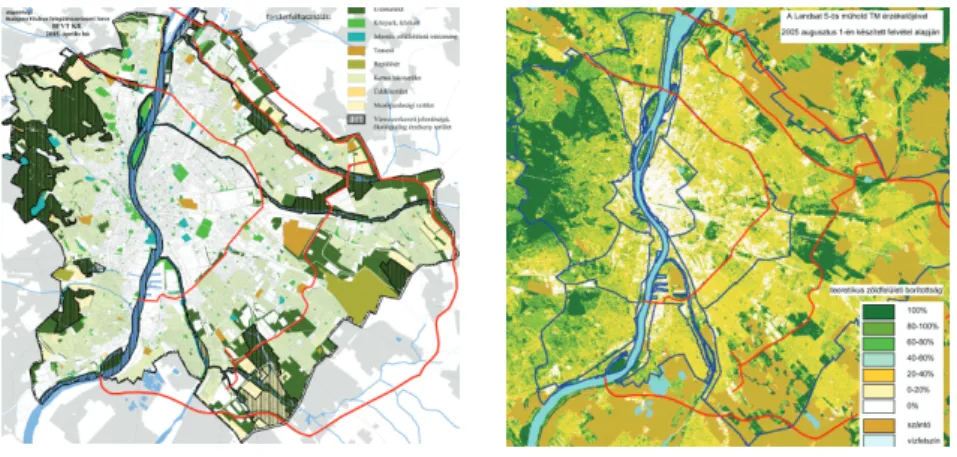 1. ábra  A Körvasút-menti körút, Külső-keleti körút és az M0 nyomvonalai (piros) a Budapest Főváros  Településszerkezeti Terven, valamint a teoretikus zöldfelületi borítottságot áb rázoló térképen 