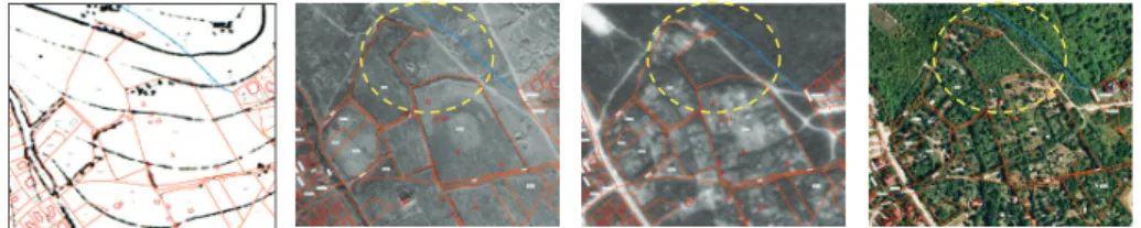 7. fotó  A „C” terület térképen (1876), légifotókon (1951, 1987) és Google Earth felvételen (2009), sárga  szaggatott vonallal jelölt kiemelt alakzaton belül látható a lövészárokkal szabdalt terület