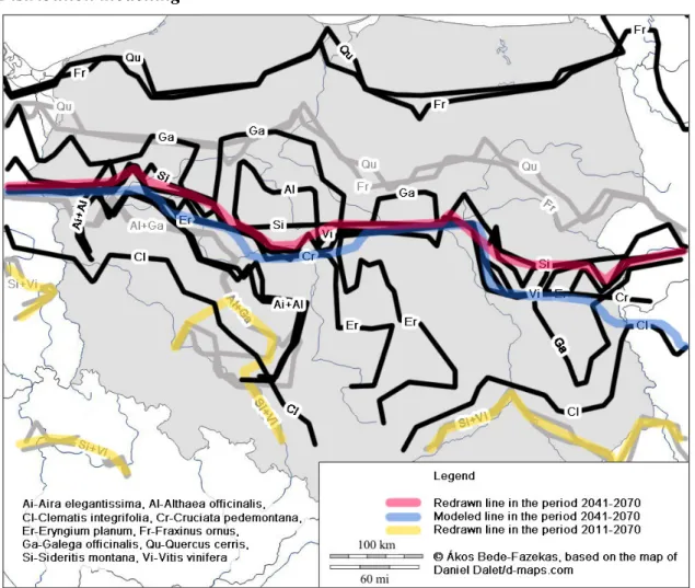 Figure 6. The modelled distribution of the species (gray: 2011-2040, black: 2041-2070), and  the redrawn Moesz-lines, printed on a hydrographic chart with country frontiers 