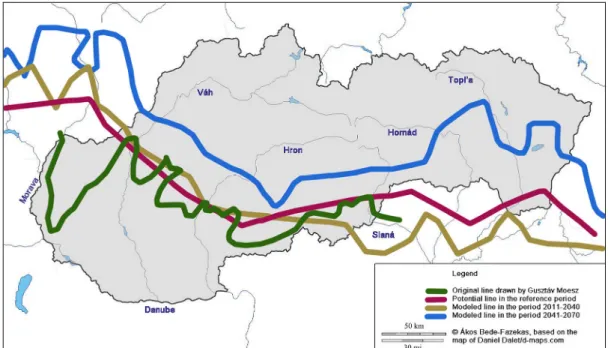 Figure 4. The results of the line modelling zoomed into Slovakia, printed on a hydrographic  chart with country frontiers 