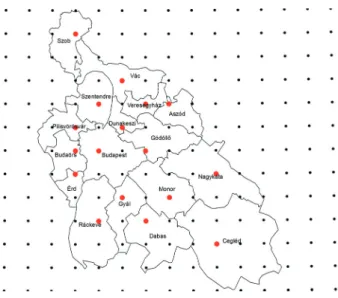1. ábra  Közép-Magyarország kistérségei és a RegCM3.1 modell rácshálózata  (a számításokat a kiemelt rácspontok adatai alapján végeztük)
