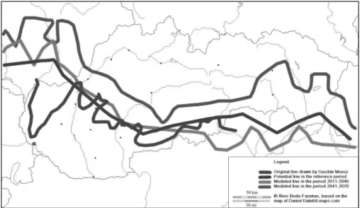 3. ábra   A Moesz-vonal eltolódásának egyik modellezési eredménye Forrás: Czinkóczky – Bede-Fazekas in press