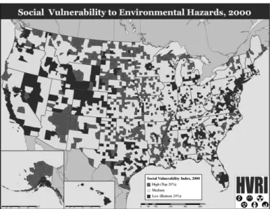 5. ábra. A környezeti veszélyekkel szembeni társadalmi sérülékenység az USA-ban (2000) Forrás: Hazards and Vulnerability Research Institute (HVRI), University of South Carolina