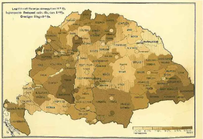 A 15 év alattiak aránya különösen alacsony három régióban (2.5. ábra): a Felvidék középső részén (Hont – Gömör – Nógrád megyék területén), Dél-Dunántúlon és a hozzá kapcsolódó Belovár-Kőrös megyében, valamint a Bánság keleti részében (Temes és Krassó megyé