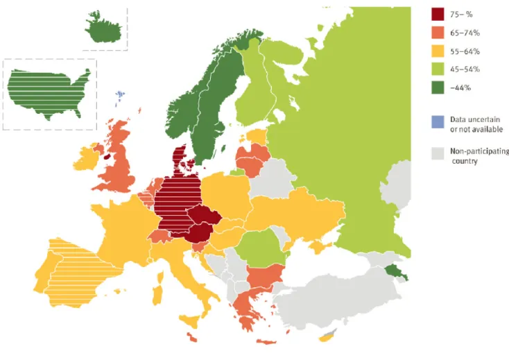 11. ábra Az alkoholfogyasztás előző havi prevalencia értéke Európában – 16 évesek (Hibell és társai 2009:67)