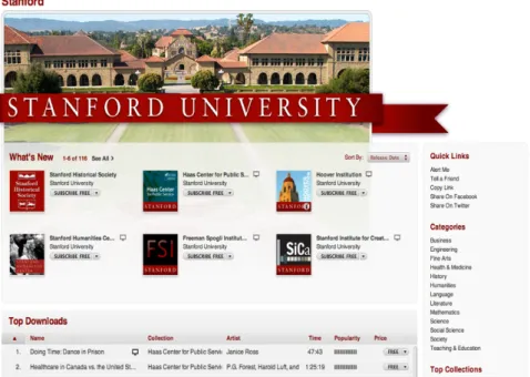 3. ábra: a Stanfordi Egyetem iTunesUpodcasting csatornájának nyitólapja, az online ingyenesen  elérhető előadások és más szakmai anyagok kategóriájával 