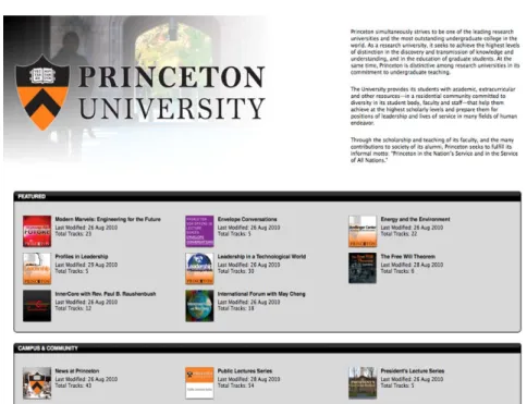 4. ábra: A Princetoni Egyetem iTunesUpodcasting csatornájának nyitólapja, mint a tudásmegosztás  jó gyakorlatának ideális példája 