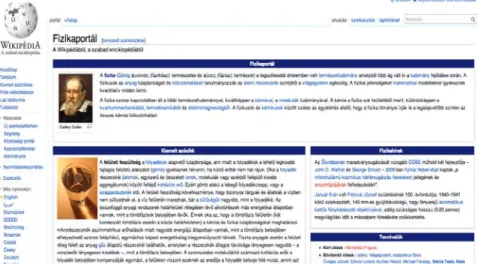 5. ábra: A wikipedia.hu portál fizikaportálja, mint a tudománykommunikáció és felsőoktatási  reklámtevékenység kihasználatlan területe 