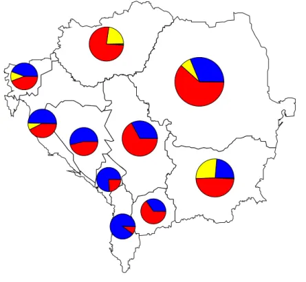 5. ábra: Elsődleges energiaforrások aránya a beépített áramtermelő kapacitáson belül [kék: vízenergia; sárga: atomenergia; piros: fosszilis tüzelőanyagok; zöld: megújulók]