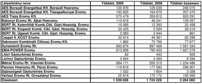 6. táblázat: A villamos-energia vállalatok 2005 és 2006-os többletei (t) 