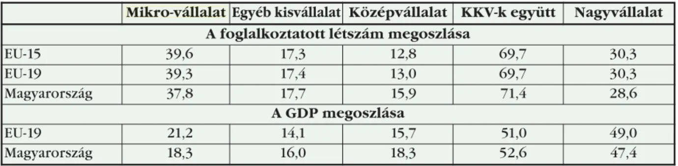 6. táblázat. A foglalkoztatott létszám és a GDP megoszlása a gazdasági szférában vállalati nagyságkategóriák szerint, 2003, %