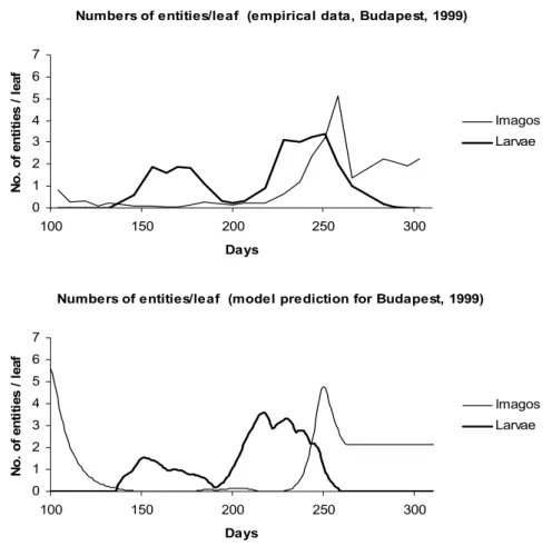 Figure 10. The numbers of Sycamore lace bug imagos and larvae per leaf in Budapest, between  the 100 th  and the 300 th  days of year 1999 