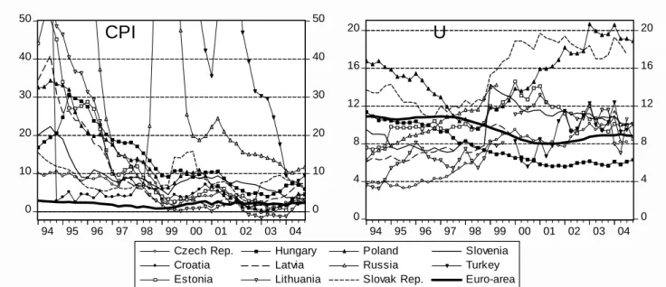 Figure 1 Inflation and unemployment rate, 1993Q1-2004Q4  0 1020304050 0 1020304050 94 95 96 97 98 99 00 01 02 03 04CPI 048121620 048 1216209495969798990001020304 Czech Rep