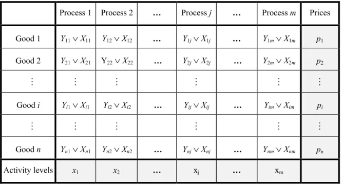 Table 1. The basic accounting framework (goods, activities, inputs and outputs) in the  von Neumann model 