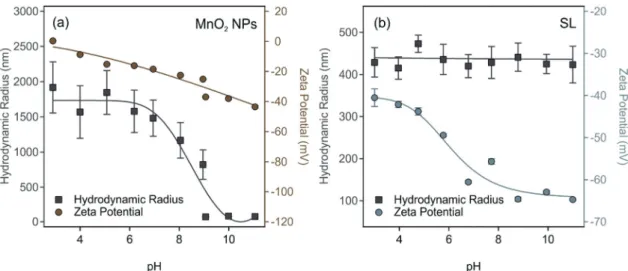 Fig. 2 The pH dependence of the hydrodynamic radius (squares) and zeta potential (circles) of (a) MnO 2 NPs and (b) SL particles