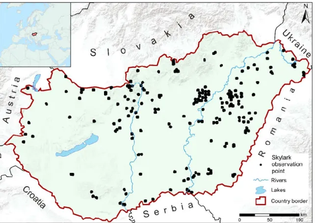 Figure 1. The spatial distribution of the MMM survey observation points in Hungary, where the Skylark occurred in 2015  (3049 observation points)