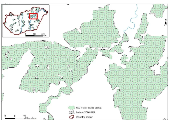 Figure 3. Example the spatial distribution of the 600-meter buffer zones inside a Natura 200 Spa protected area of Hungary