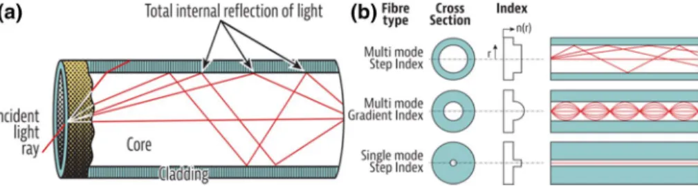 Fig. 3   Total internal reflection in a multi-mode optical fibre (a) as  modified from Media (2019), and differ- differ-ent mode types of optical fibres (b) modified from Jenny (2000)