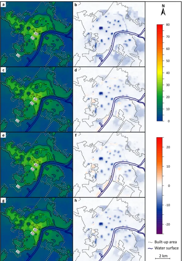 Fig. 5. Patterns of annual number of hot days in case of different scenarios (left) and the difference between the scenarios and the original case (1981 – 2010) (right)