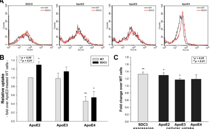 Figure 4. SDC3 overexpression increases ApoE uptake into SH-SY5Y cells. SDC3-overexpressing clones created in differentiated SH-SY5Y cells were selected by measuring SDC3 expression with flow cytometry