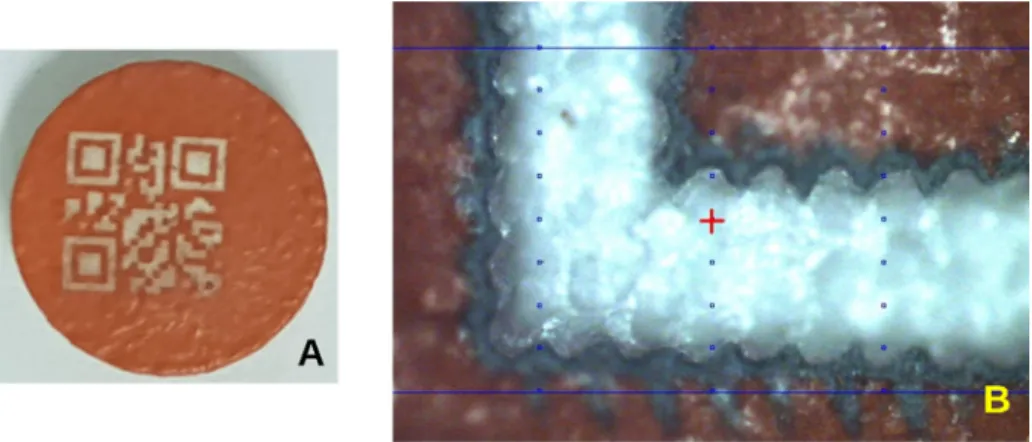 Fig. 6. Tablet encoded by Femto laser. A: Visible to the naked eye. B: Microscopic picture