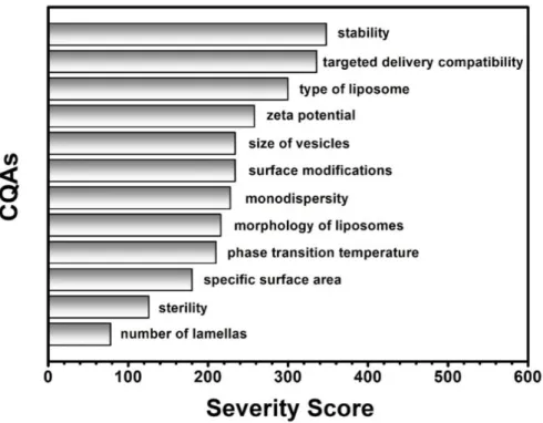 Figure 2. List of the Critical Quality Attributes (CQAs) of the liposomes ranked by their calculated  severity scores