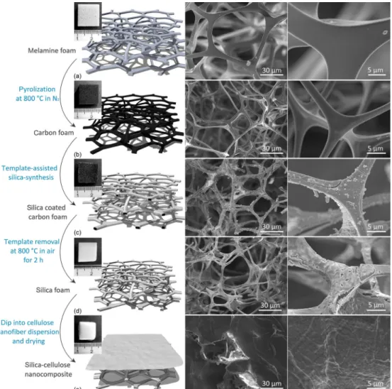 Figure 1    Sequence of cellulose nanofiber coated silica foam synthesis showing each intermediate material in camera, computer generated and SEM images of lower and higher magnification