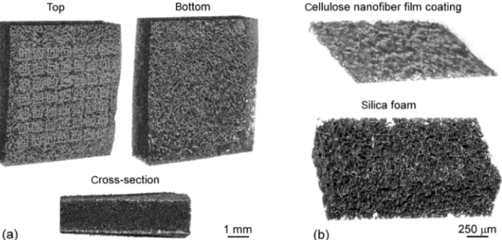 Figure 2    Computed tomography images of (a) cellulose nanofiber coated silica foam. On the surface of the sample (in the top view image) the periodic array structure of double split-ring-resonators (DSRRs) sputtered on the surface is visible