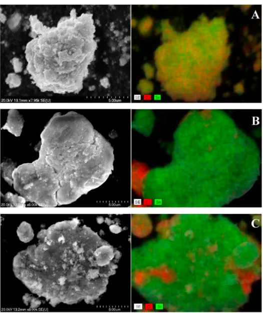 Fig. 2. SEM images and the corresponding elemental distribution maps derived from energy dispersive X-ray analysis of the milled Cu-Sn powders with 5 wt% NaCl (A), 50 mm 3 oleylamine (B) and ethylene glycol (C).