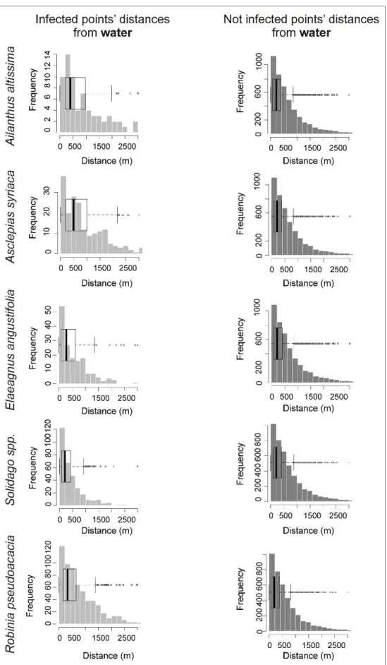 Figure A3. Histogram and boxplots of infected and not infected points’ distances from water