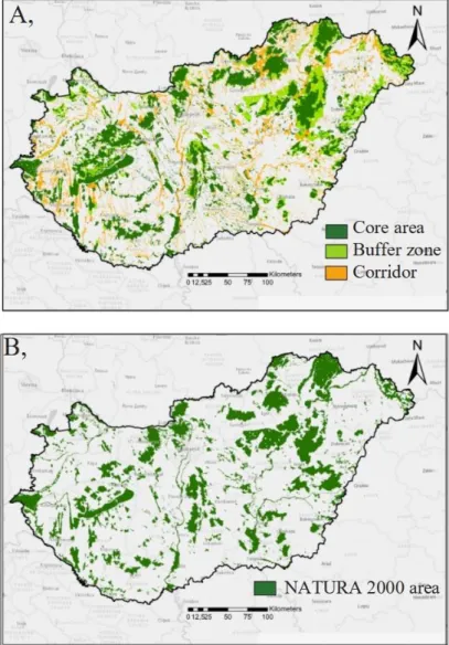 Figure 2. Spatial structure of the HEN (A) and Natura 2000 network (B) in Hungary. 