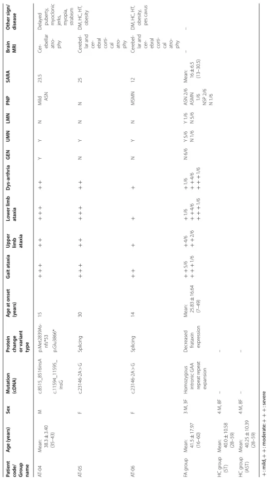 Table 1 Demographic, clinical and genetic data of SYNE1 and FA ataxia patients and healthy controls  + : mild, +  + : moderate: +  +  + : severe ASMN axonal sensorimotor polyneuropathy, ASN axonal sensory polyneuropathy, AST antisaccade task, DM diabetes m