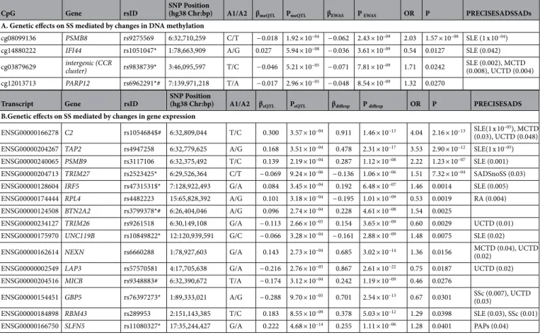 Table 2.   Genetic association of SS-meQTLs and SS-eQTLs with SS and other related SADs mediated by DNA  methylation or gene expression changes