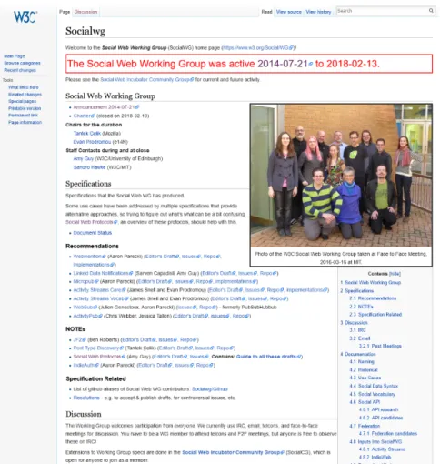 2. ábra. A 2014 és 2018 között működő Social Web Working Group szócikke a W3C wikijében.