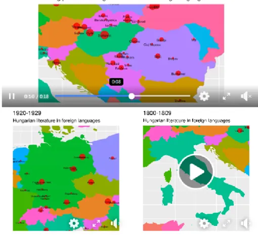 1. ábra. Részletek a magyar könyveket nyomó nyomdák interaktív térképéből