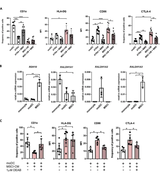 Figure 4. MSCl cells change the immune regulatory potential of moDCs at least partially via nuclear factor RARa and ATRA