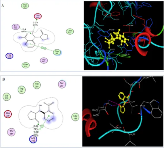 Fig. 7. 2D and 3D docked view of 2NCP in a pocket of AChE (A) and BChE enzymes (B).  