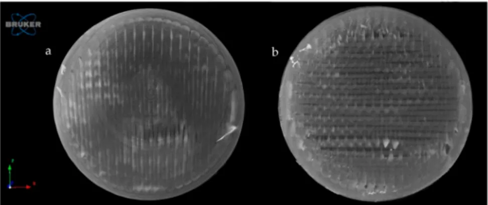Figure 11. Reconstructed microCT image from the upper surface of PLA_16_0 sample before (a) and after (b) dissolution test