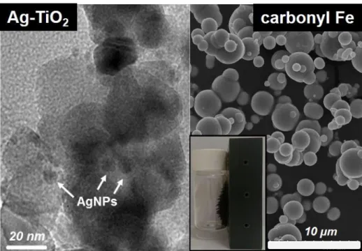 Figure 2. TEM image of the plasmonic Ag-TiO 2  photocatalyst particles with surface AgNPs and a SEM  image  of  Ag-TiO 2   and  carbonyl  Fe  particles  with  magnetic  properties;  the  magnetic  property  was  demonstrated by grabbing the Fe-containing g