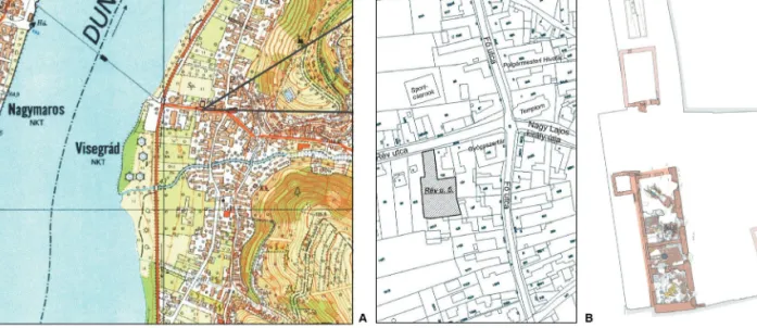 Fig. 1. Visegrád. A – location of the site in the town centre, B – the investigated plot, C – excavated buildings