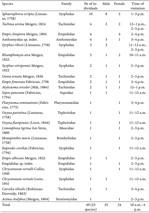 Table 4. Adonis vernalis fl ower visitor Diptera species listed in decreasing frequency  (Veszprém-Kádárta, 2019).